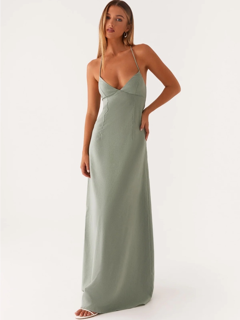 Peppermayo Sage Green Spaghetti-Strap Maxi Dress